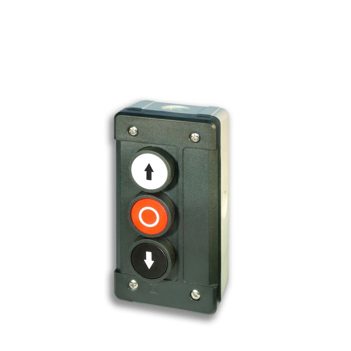 Three-button industrial control switch with up, down, and red stop buttons.