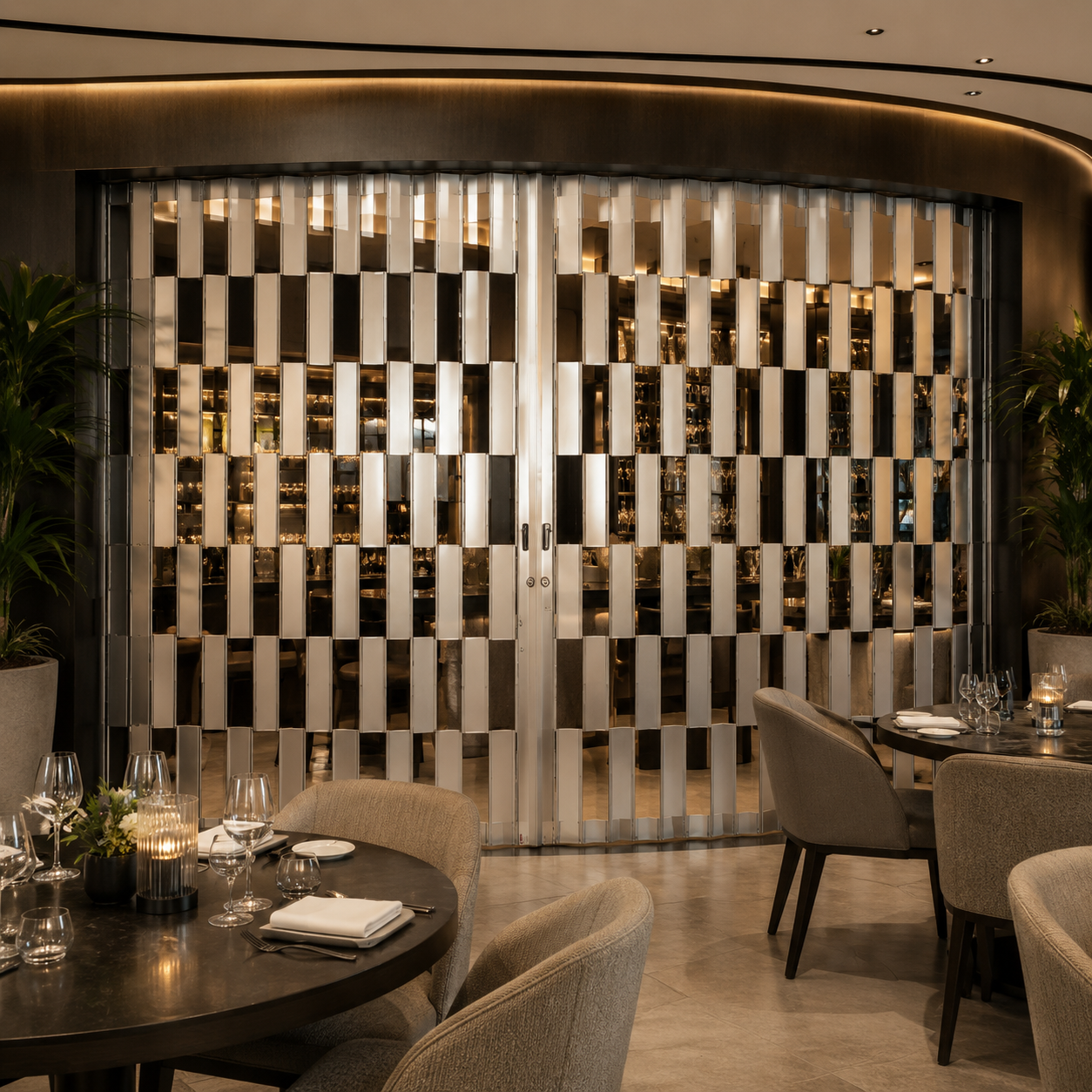 Modern stainless steel security grille partitioning a luxury restaurant dining area.