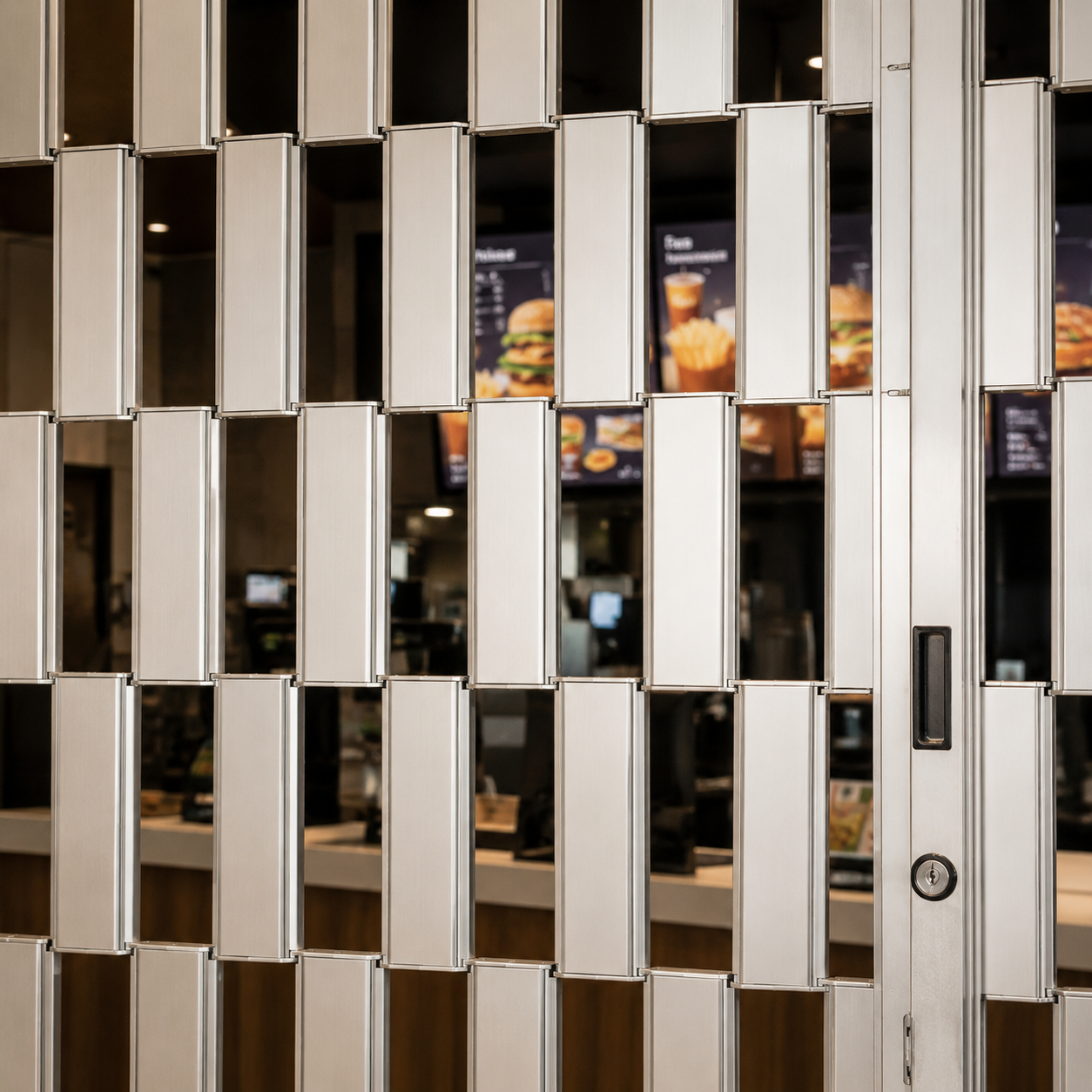 Stainless steel security grille protecting a restaurant storefront.