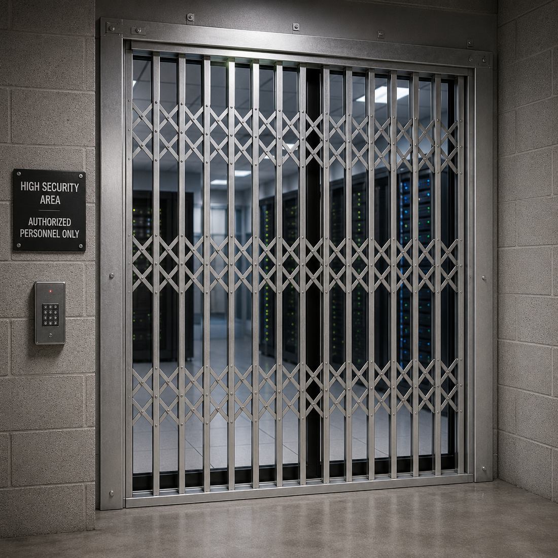 Stainless steel expandable security grille protecting a high security server room area.