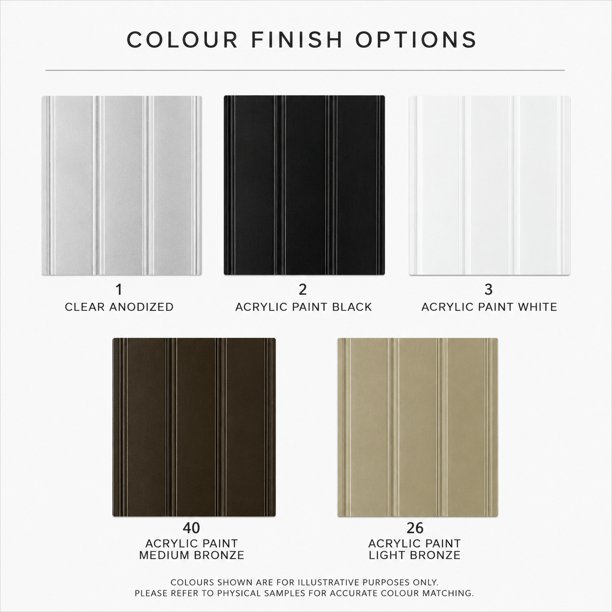 Colour finish options for security shutters including clear anodized, black, white, and bronze.