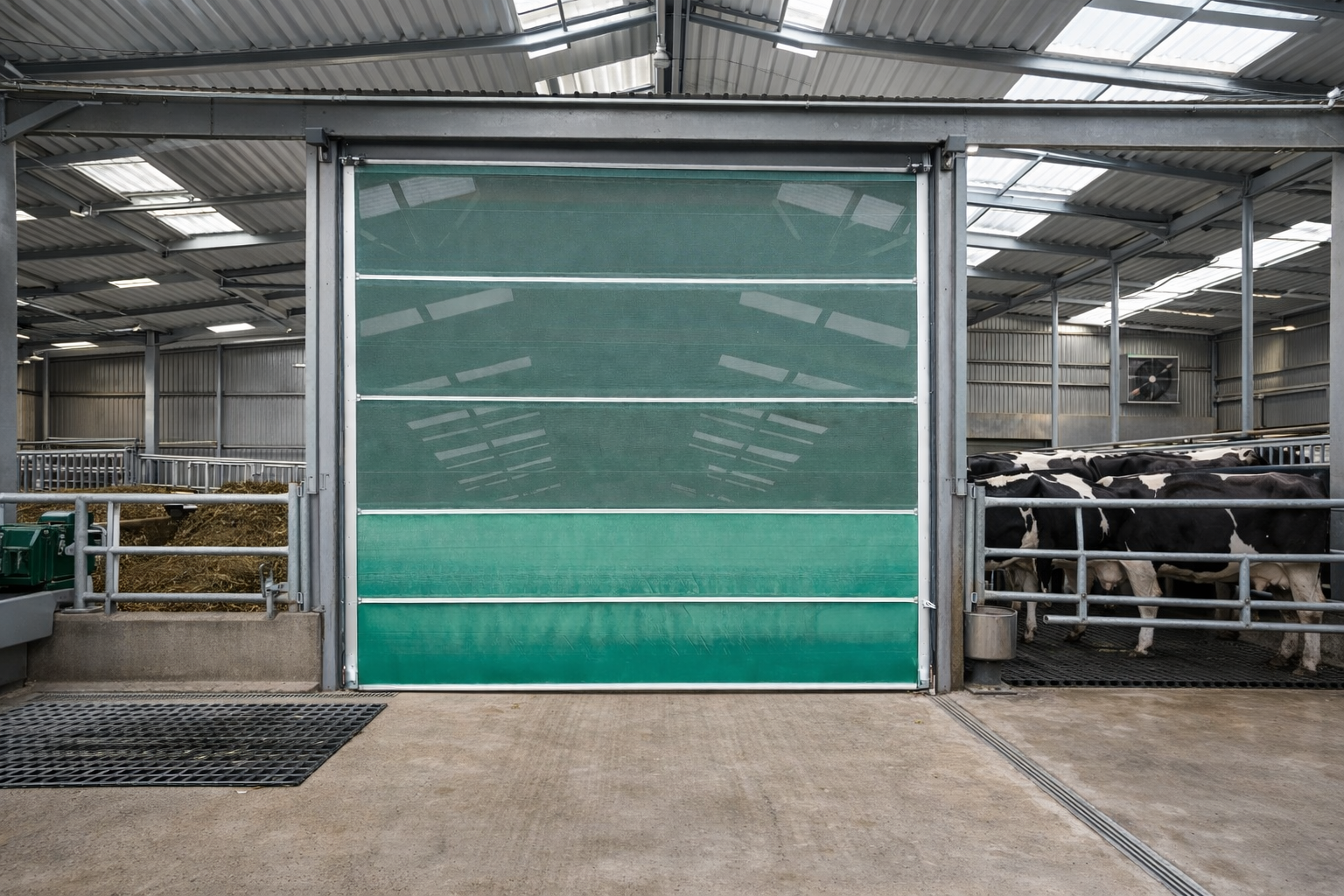 Large green industrial PVC strip curtain door in a modern agricultural livestock barn.