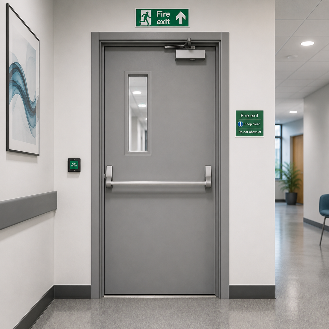 Grey steel security fire exit door with vision panel and panic bar in a commercial hallway.