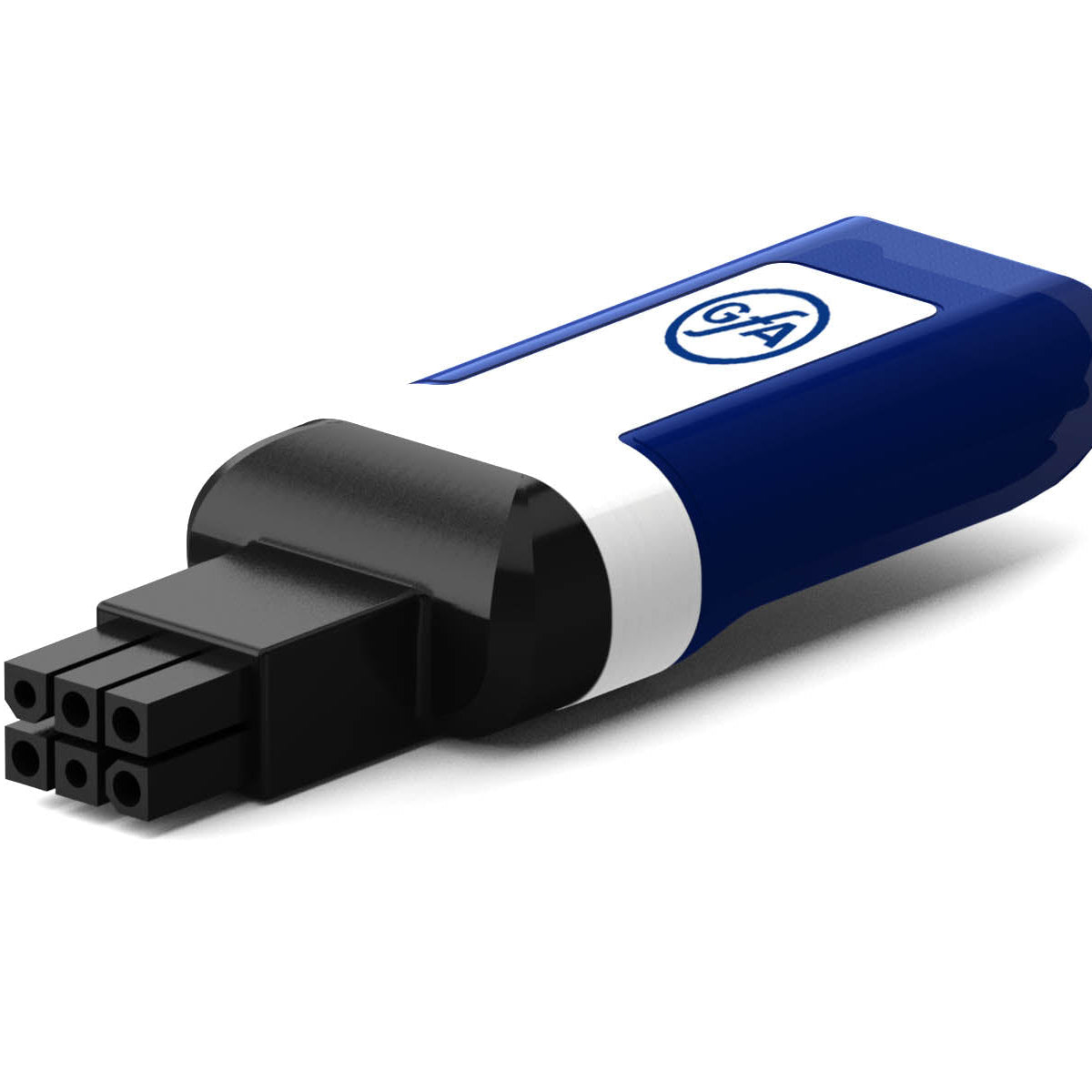 Blue and white electronic connector plug with six black pins on a white background