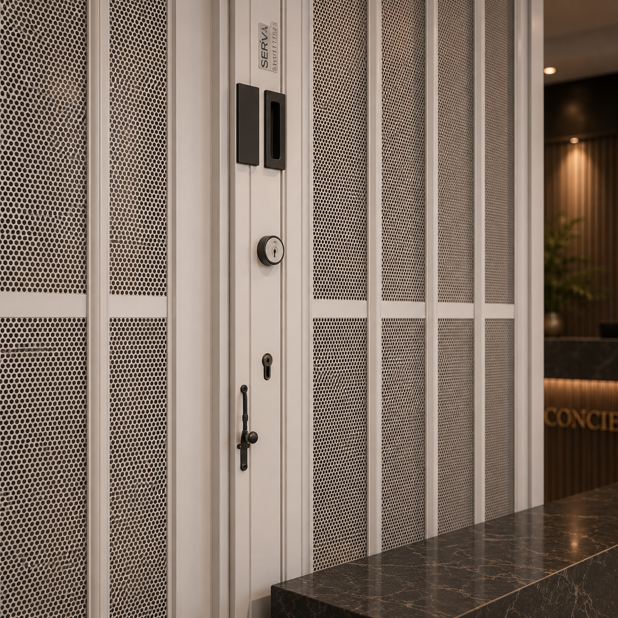 White perforated metal security grille with integrated lock and handle.
