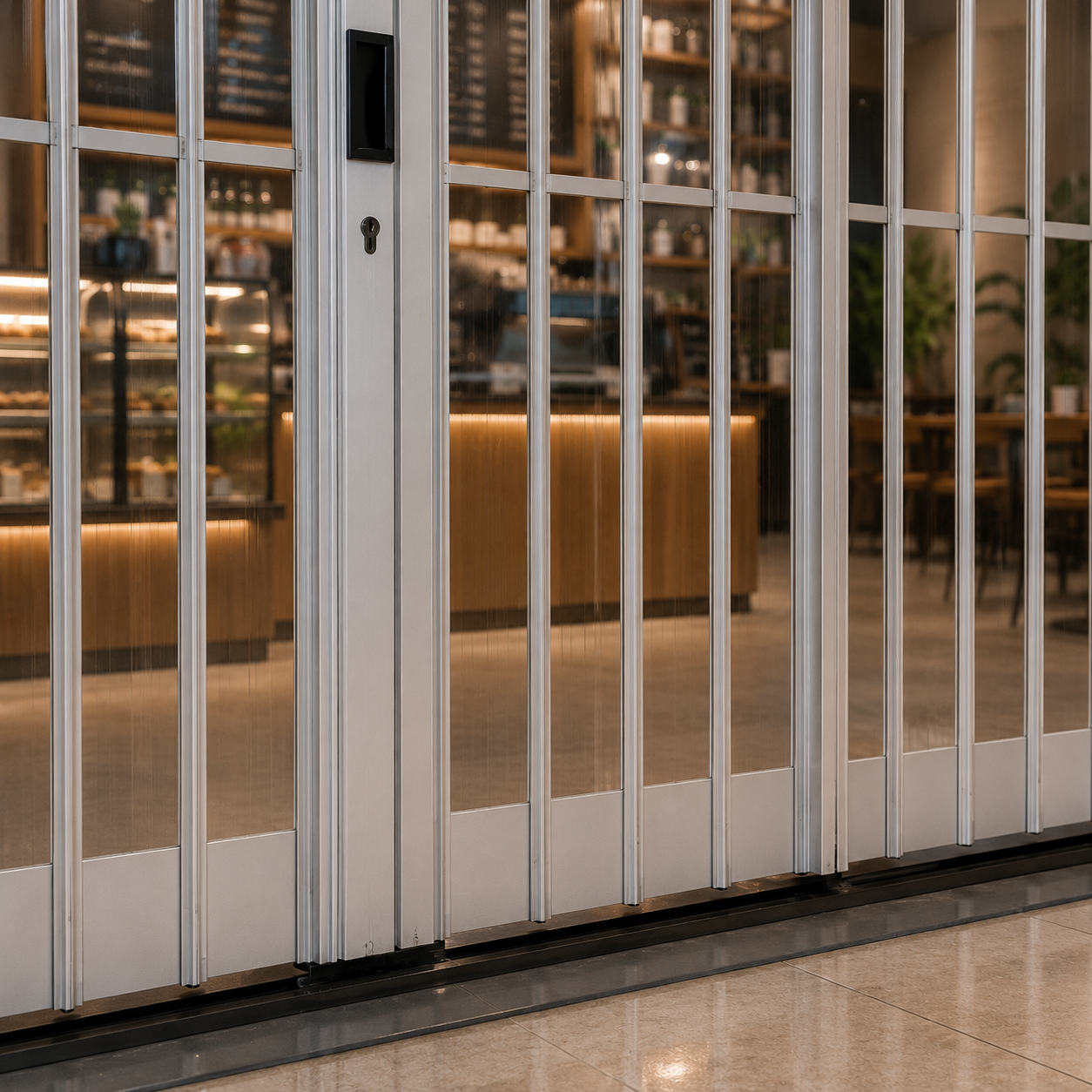 Silver aluminum security grille doors protecting a modern cafe storefront.