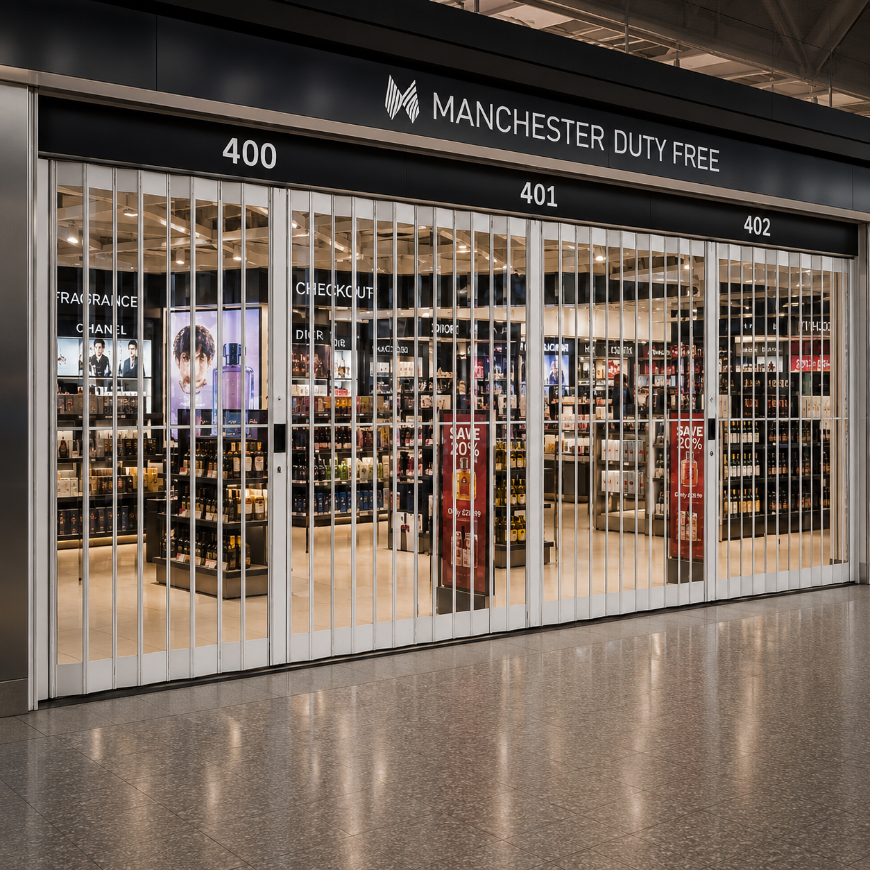 Aluminium security grille protecting a Manchester Duty Free retail store storefront.