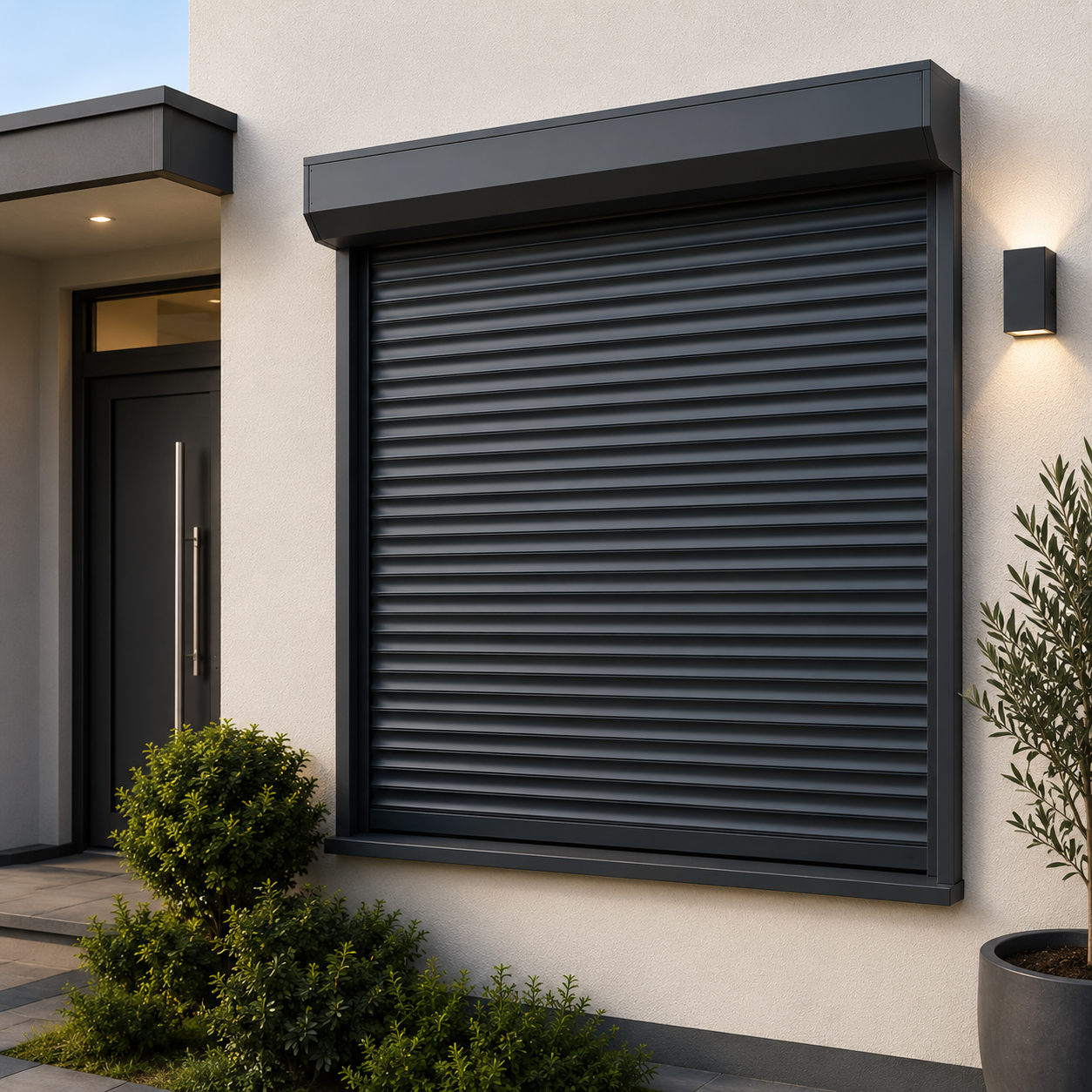Black motorized roller shutter installed on a modern building window for security.