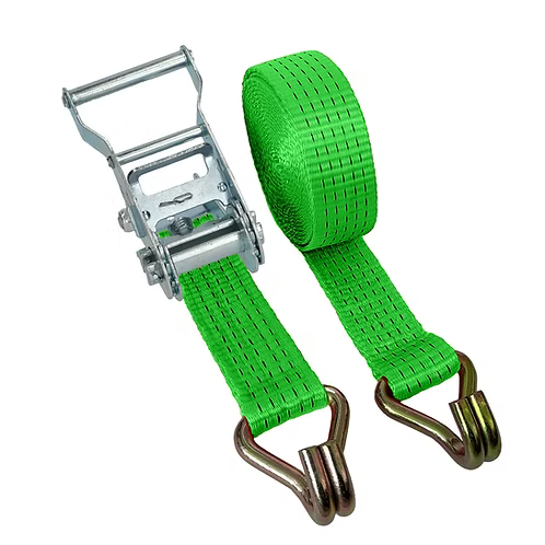 Heavy-duty green ratchet tie down strap with metal hooks for cargo securing
