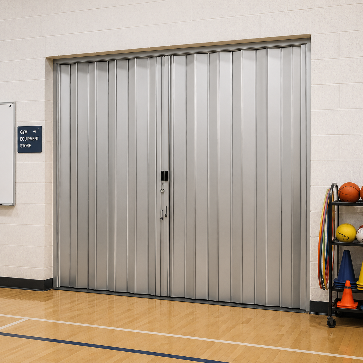 Silver vertical folding security doors installed in a gymnasium equipment store.
