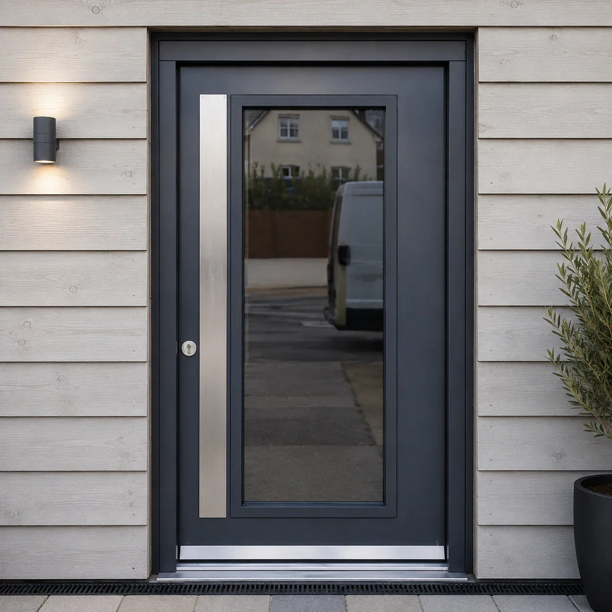 Modern black security door with glass panel and stainless steel handle on wooden facade