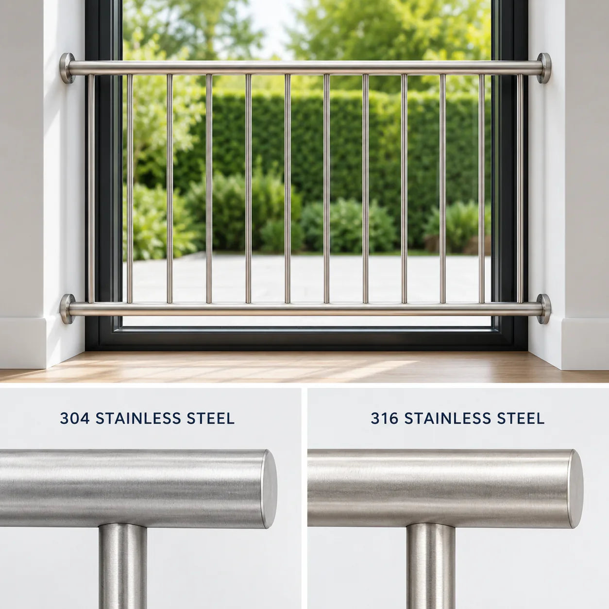 Stainless steel security gate for doors, 304 and 316 grade options shown, modern home safety barrier