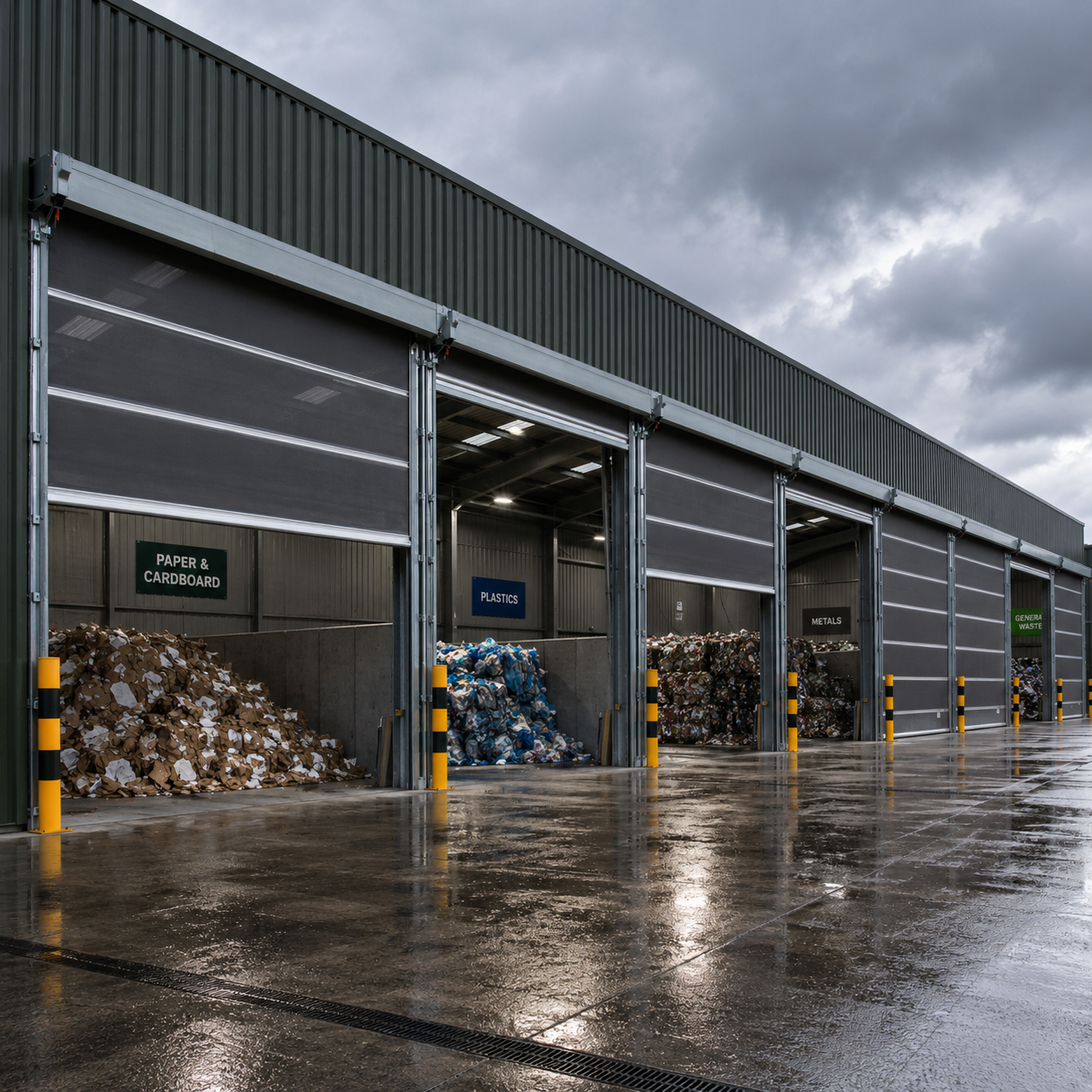 Industrial roller shutter doors at a recycling facility with waste bins for paper, plastic, and metal.