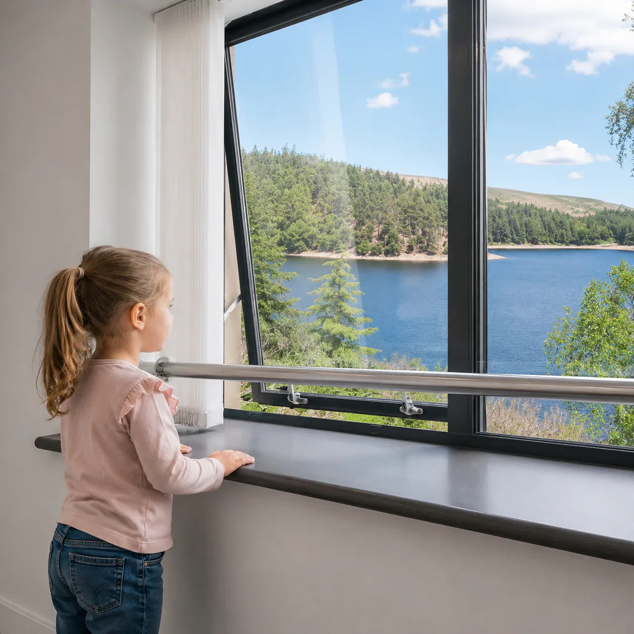 Child looking out window with safety rail, overlooking lake and forest view