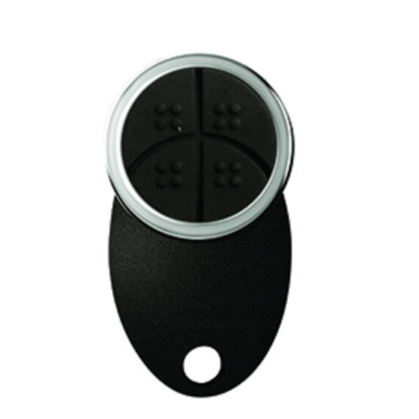 Black remote control key fob with four buttons for security roller shutter operation