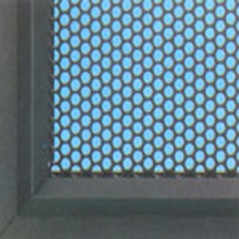 Close-up of CrimeShield perforated window security mesh in a dark frame