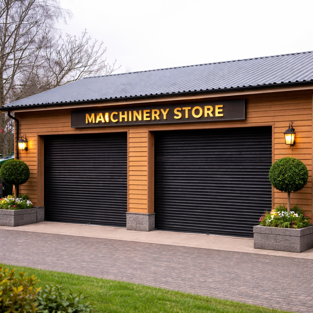 Black metal roller shutter doors installed on a wooden machinery store building.