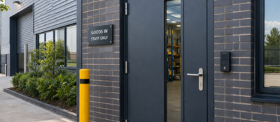 Industrial warehouse entrance with security door