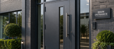 Modern office entrance with glass and metal